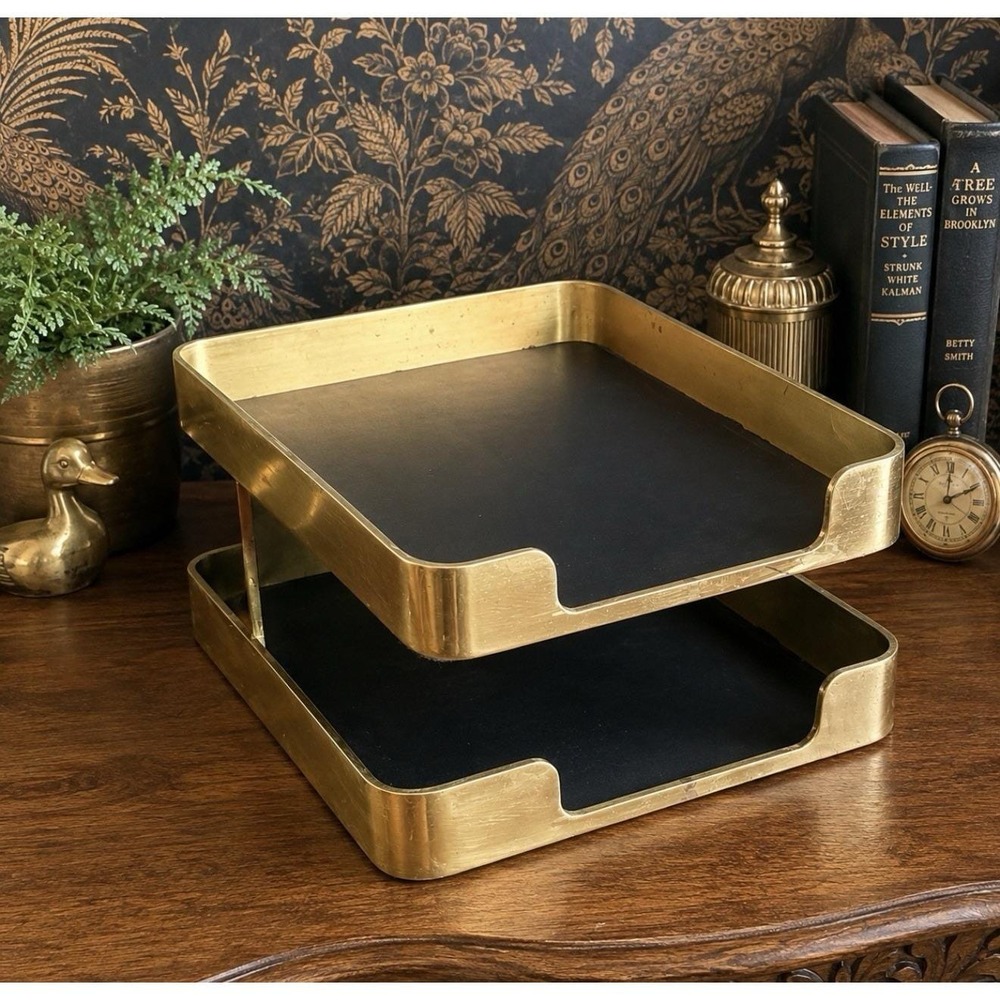 Vintage Solid Brass 2 Tier Swivel Letter Tray Desk Organizer Black MCM Executive
